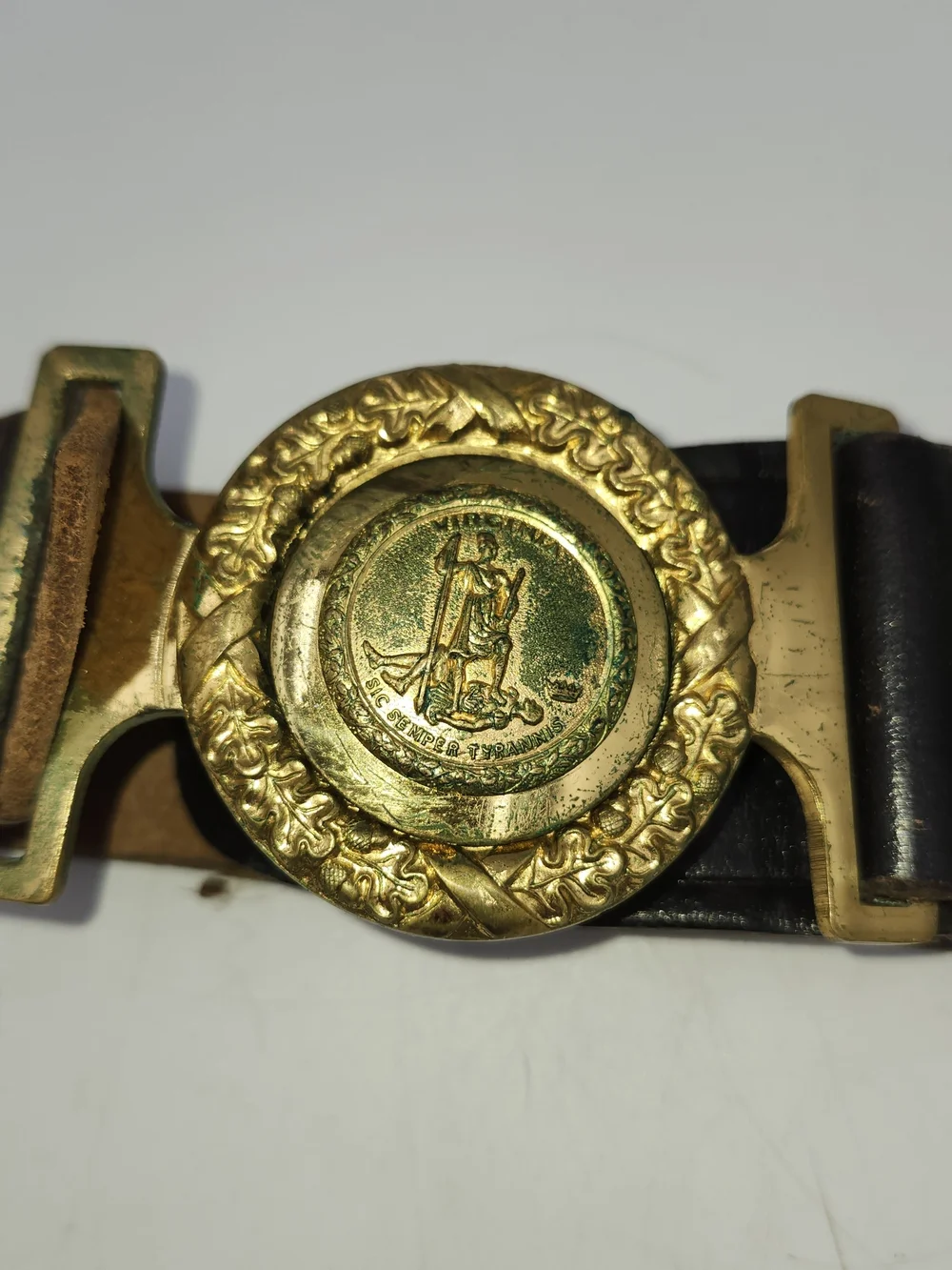 Antique Civil War style Sword Belt Virginia Tongue & Wreath Buckle on leather